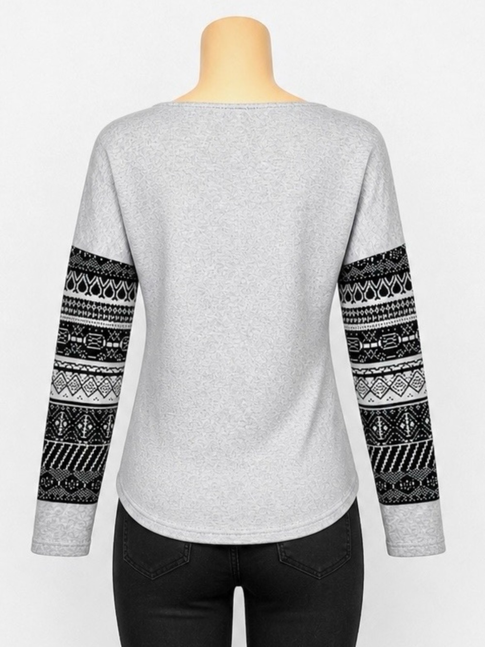 SHEIN Gray Nordic Sleeve Sweater Top Size S | Boat Neck Long Sleeve Blouse - Picture 2 of 5